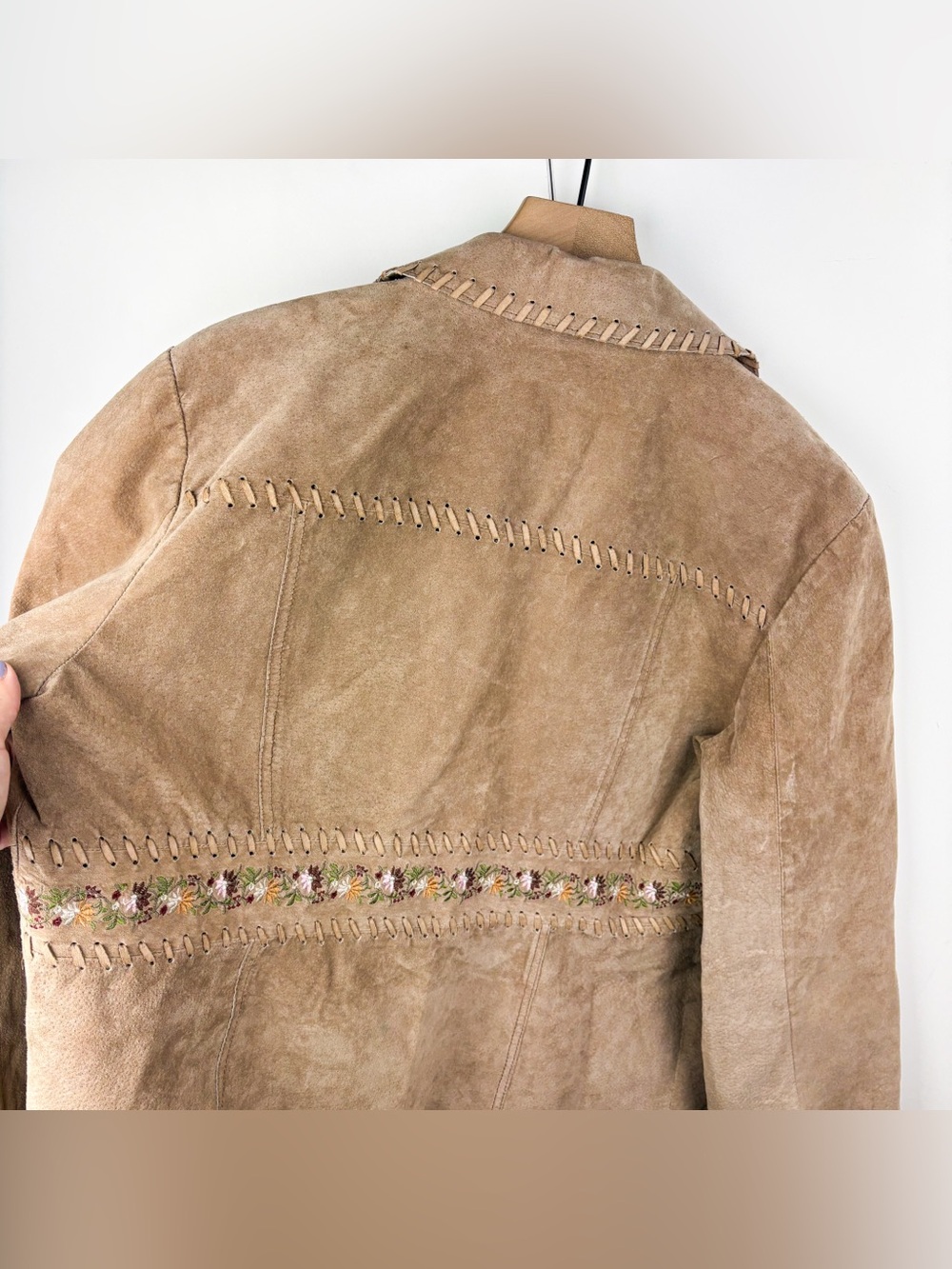 Vintage Western Whipstitch Floral Embroidered Suede Leather Jacket Coat Tan XL - Picture 9 of 9